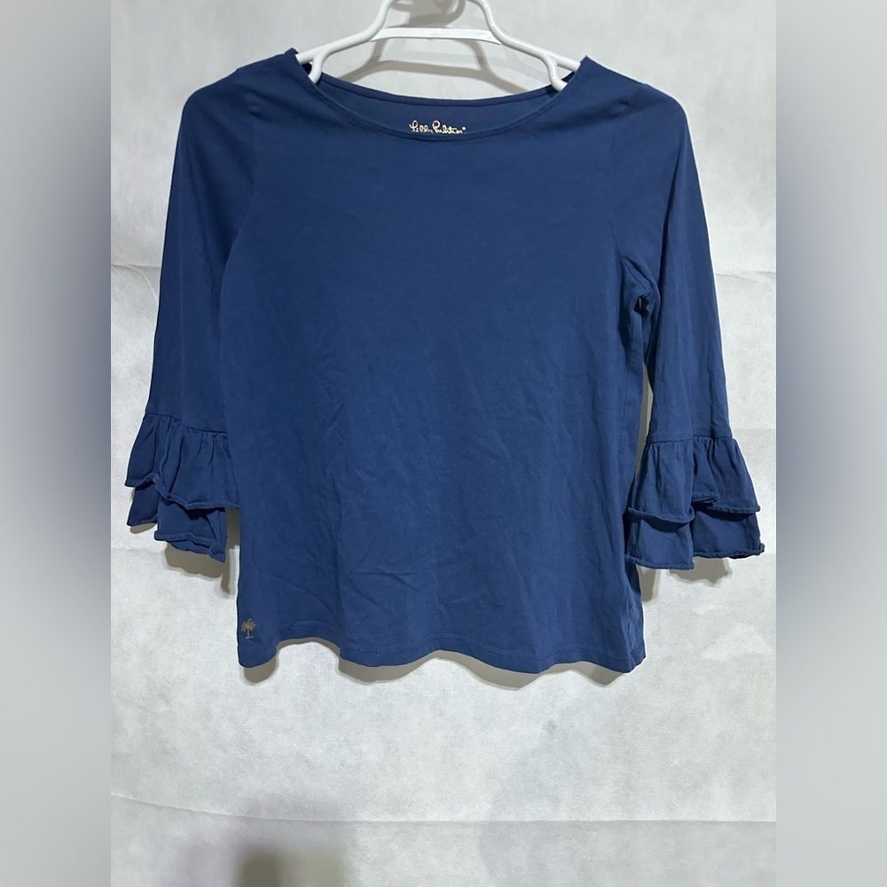 Lilly Pulitzer Girl’s Youth XL 12-14 Navy Blue Ruffle Sleeve Top Shirt Palm Logo